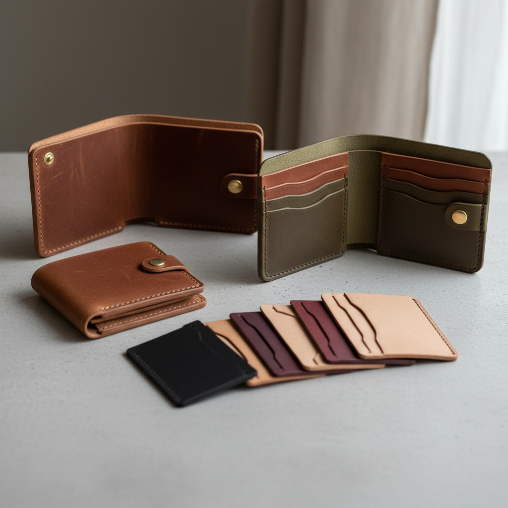 Auswahl handgefertigter Bifold-, Trifold- und Kartenhalter-Geldbörsen