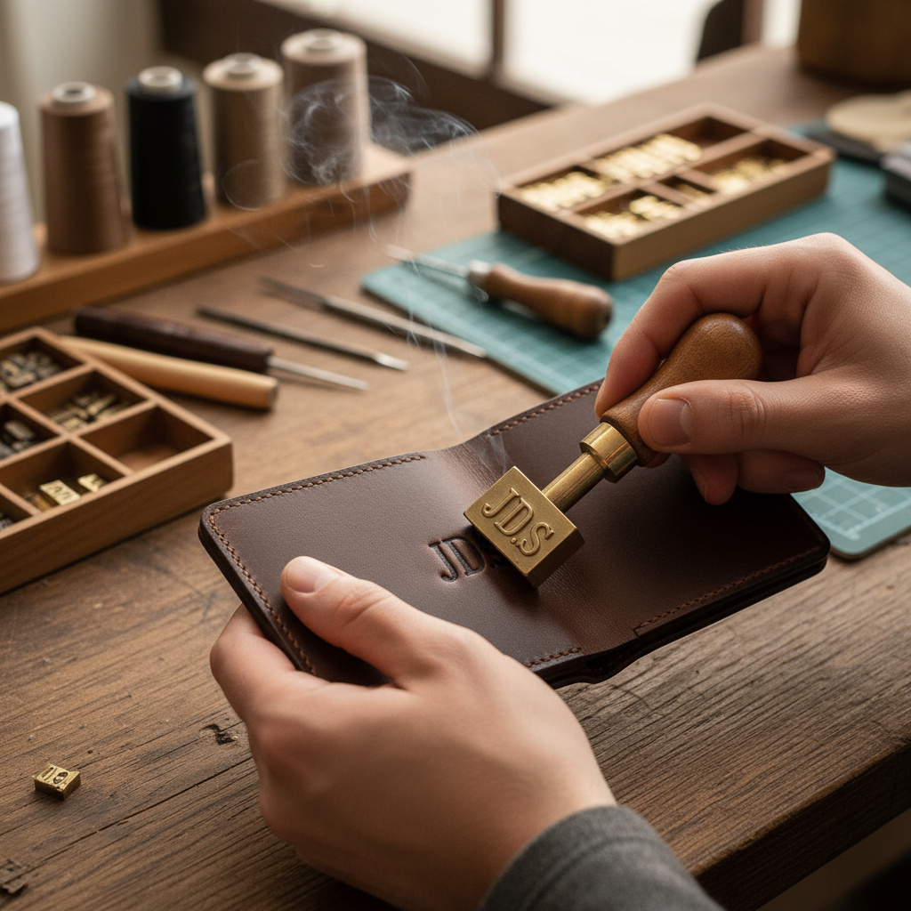 Nahaufnahme: Lederbörse mit Monogramm-Veredelung